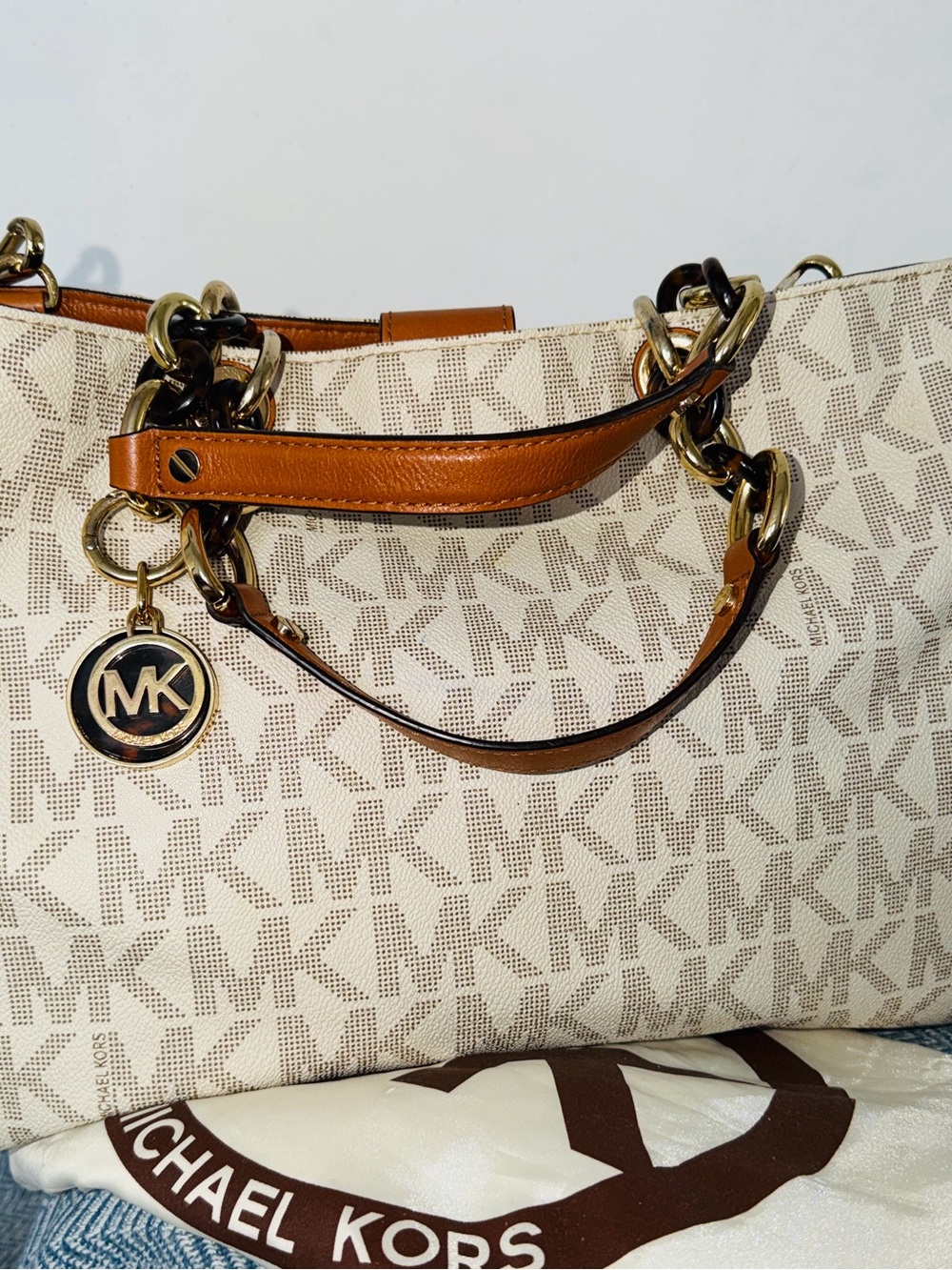 Michael Kors Cream & Brown MK Logo Tote with Gold Hardware